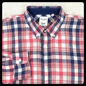 Murano Baird McNutt Linen Shirt Men's XL Slim Plaid Pink Blue Long Sleeve Roll